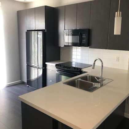 a modern kitchen with a black countertop and stainless steel appliances.