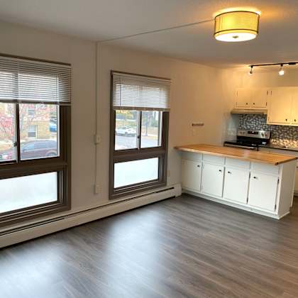 a kitchen with white cabinets and a wooden island.