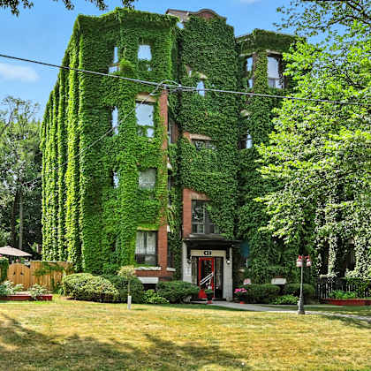 a building covered in green vines stands in front of a red building.
