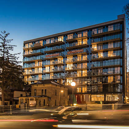 night view of apartment at ophelia on queen apartments, kitchener