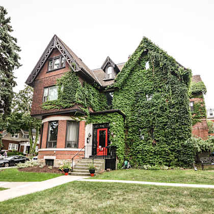 a house with a red door and a green plant growing on it.
