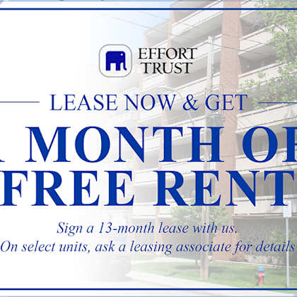 a sign advertising a 1 month free rent offer from effort trust.