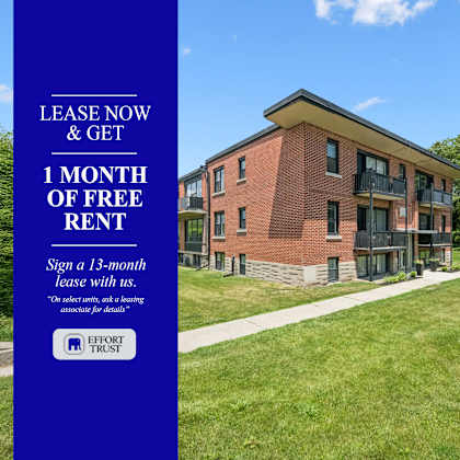 a blue and white advertisement for a 1 month free rent offer.