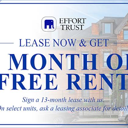 a blue and white advertisement for effort trust offering a free month of rent for a 13-month lease.