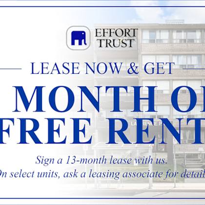 a sign advertising a 1 month free rent offer from effort trust.