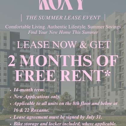 a promotional image for roxy offers 2 months of free rent for new leases.