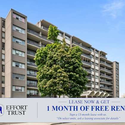 a tall building with a tree in front of it and a sign that says "1 month of free rent".