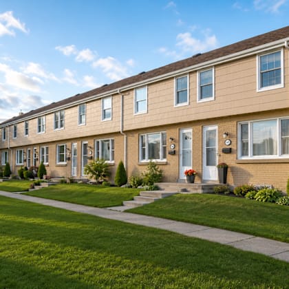 a row of townhouses with green lawns in front.