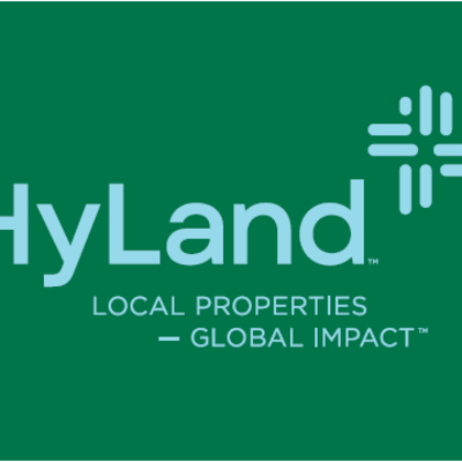 a green banner with the text "hyland" and a logo, followed by the phrases "local properties" and "global impact".