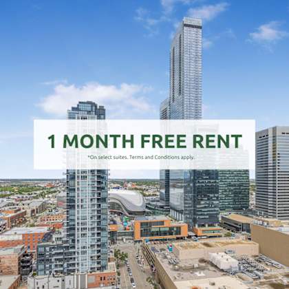 a cityscape with a building under construction and a sign offering a 1 month free rent.