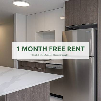 a kitchen with a sign that says "1 month free rent".