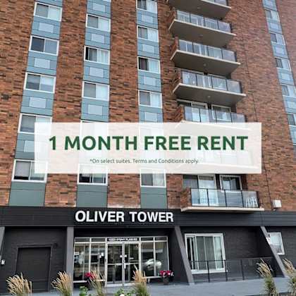 oliver tower building with a sign offering a free one month rent.