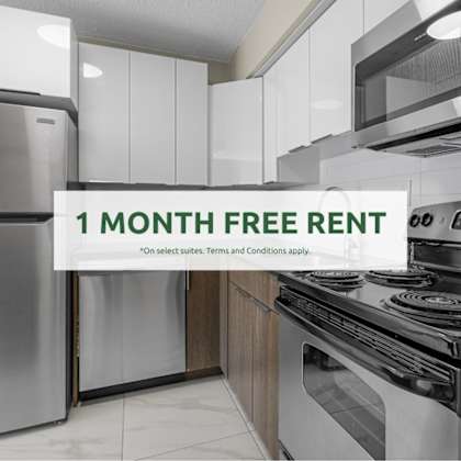 a modern kitchen with a 1 month free rent offer.