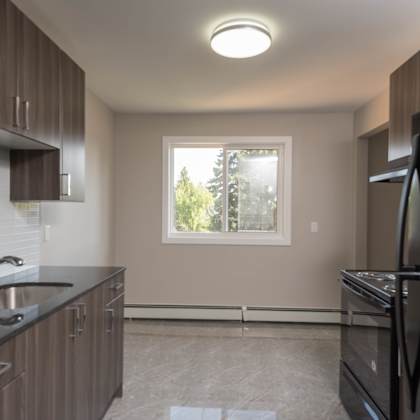 a kitchen with a black fridge and a window.