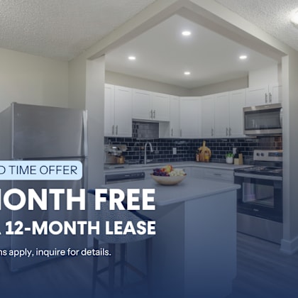 a kitchen with a 1 month free on a 12-month lease offer.