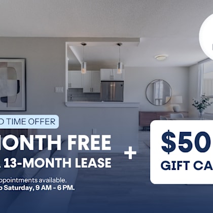 a promotional image for a 1 month free offer on a 13-month lease with a $500 gift card from pier 4 business.