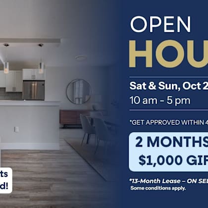 an open house is advertised for october 24-25 from 10 am to 5 pm, offering a 2-month free lease and a $1,000 gift card.