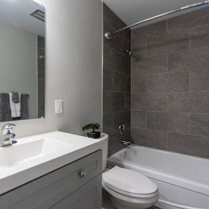 a bathroom with a white sink, toilet, and bathtub.