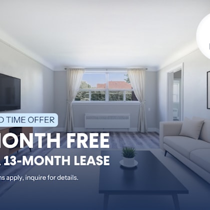 a living room with a 1 month free offer on a 13-month lease.