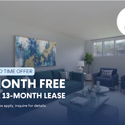 a living room with a 1 month free on a 13-month lease offer.