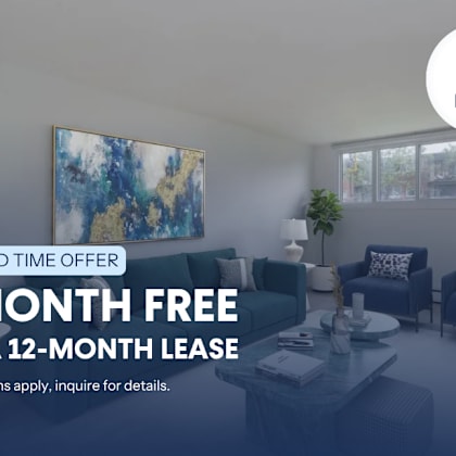 a living room with a 1 month free on a 12-month lease offer.