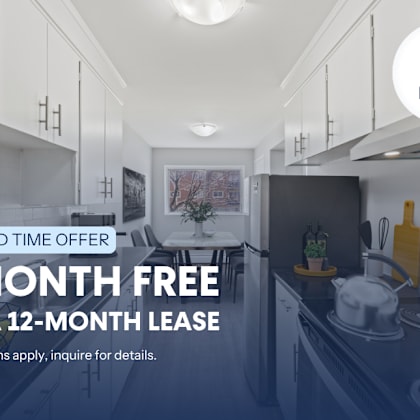 a kitchen with a 1 month free on a 12-month lease offer.