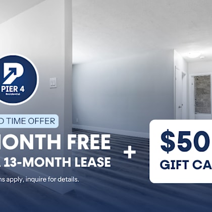 a promotional image for pier 4 residential offering a free month on a 13-month lease with a $500 gift card.