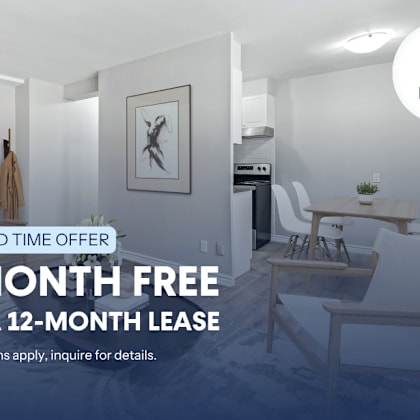 a room with a dining table and chairs is advertised with a 1 month free on a 12-month lease offer.