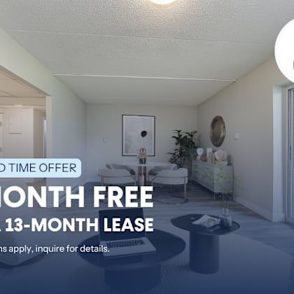 a room with a sign that says "pier 4 business" and a "1 month free on a 13-month lease" offer.