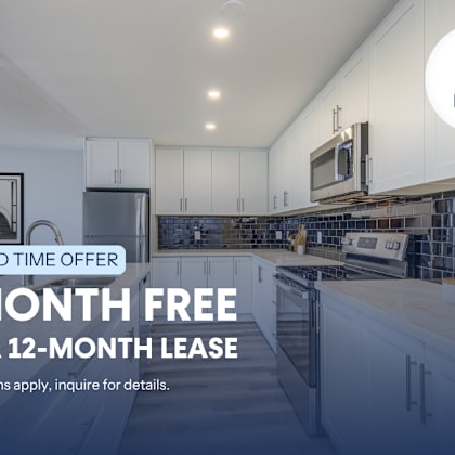 a kitchen with a 1 month free on a 12-month lease offer.