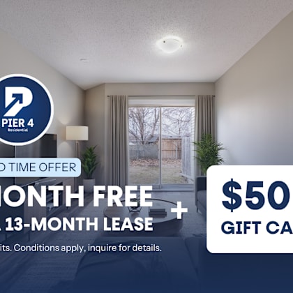 a promotional image for pier 4 residential offering a free month on a 13-month lease with a $500 gift card.