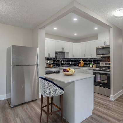 a kitchen with a refrigerator, island, and stove.