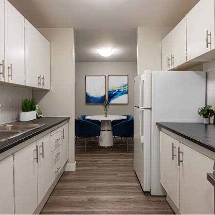 a modern kitchen with white cabinets and a black countertop.