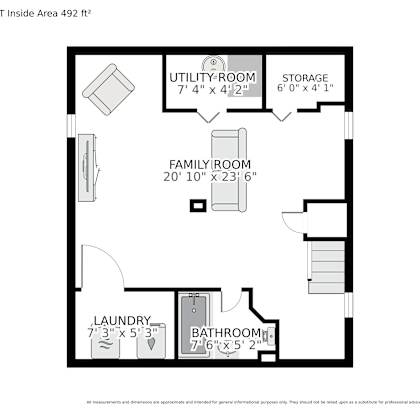 a floor plan of a basement with a laundry room, bathroom, utility room, and family room.