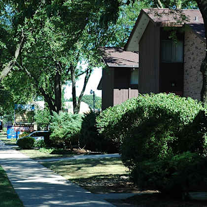 a tree-lined street with apartment buildings on the right.