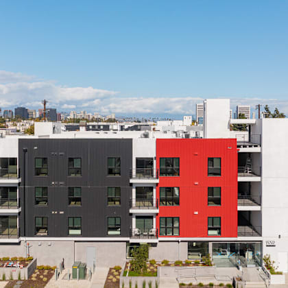 contemporary apartment building with colorful exterior panels at lido - 1532 brockton ave apartments, los angeles