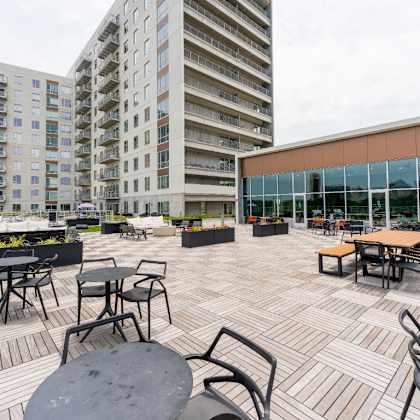 outdoor patio with seating area at south falls tower, richmond, va