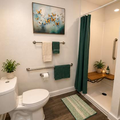 a bathroom with a toilet, a towel, a plant and a painting.