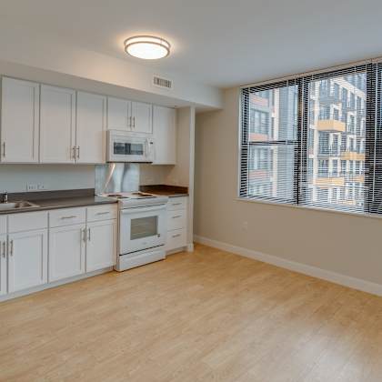 studio interior with kitchen