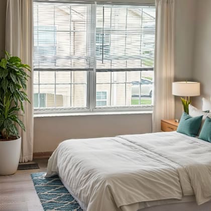 a bedroom with a large bed and a potted plant.