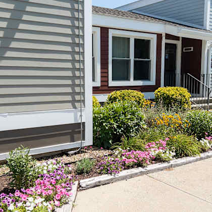 a house with a red door and a grey siding is surrounded by a garden with pink flowers.