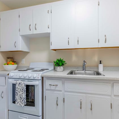 a white kitchen with a stove, sink, and cabinets.