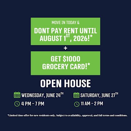 a promotional image offering a $1000 grocery card for new residents who move in before august 1st, 2026.