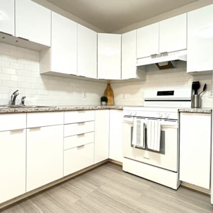 a white kitchen with a stove and a refrigerator.