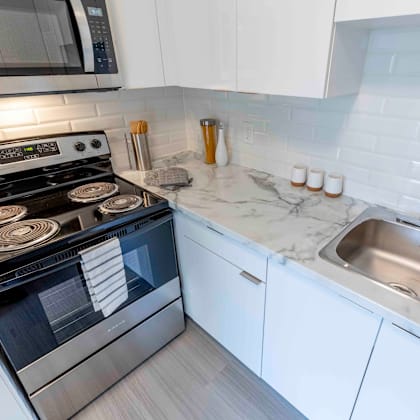 a modern kitchen with a stove, sink, and cabinets.