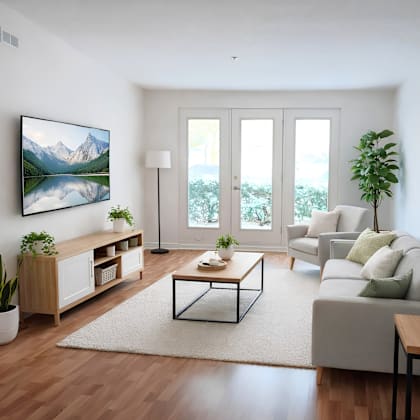 a modern living room with a large painting on the wall and a view of the outdoors through the sliding glass doors.