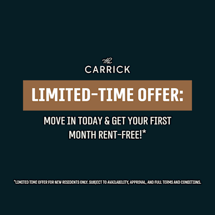 a promotional image for the carrick offering a limited-time offer for new residents.