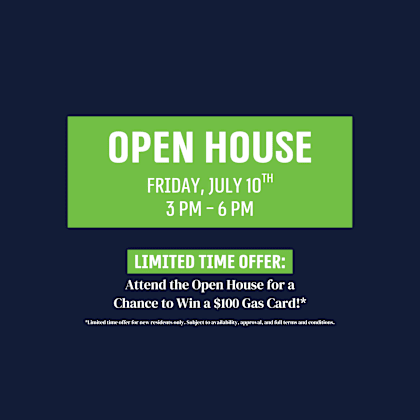 an open house event is advertised for friday, july 10th from 3 pm to 6 pm.