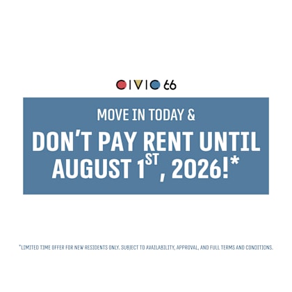 an advertisement for a housing offer that reads "move in today and don't pay rent until august 1st, 2026!"
