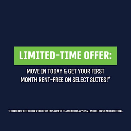 a promotional image offering a first month rent-free on select suites for new residents.